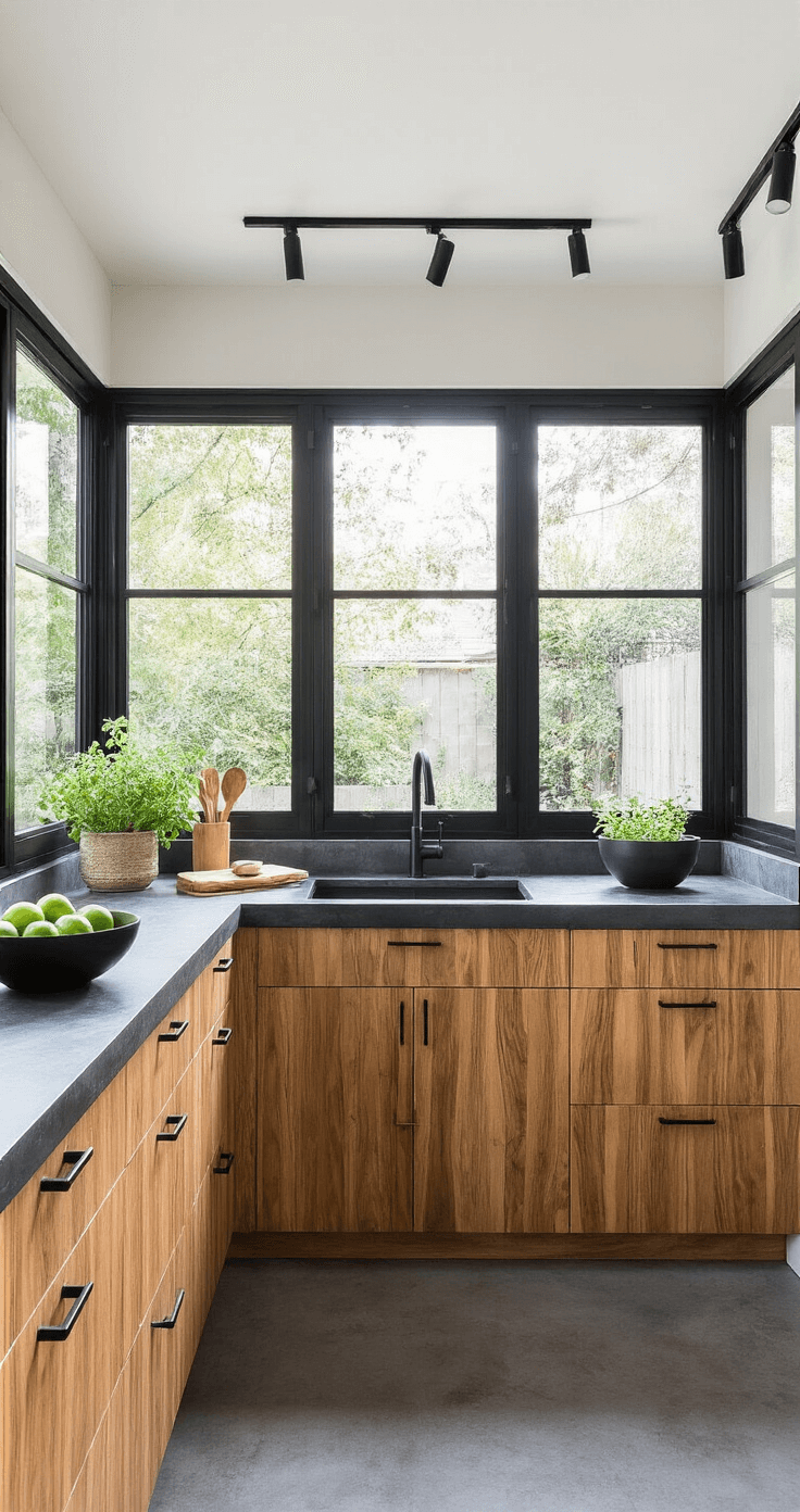 Modern kitchen studio featuring zebra wood cabinets and black concrete countertops, with black steel accordion windows opening to a garden. The space exhibits clean lines and symmetry, illuminated by diffused natural light and track lighting. Minimalist styling includes a black fruit bowl, wooden utensils, and potted herbs, with rich zebra wood, concrete black, and forest green accents.