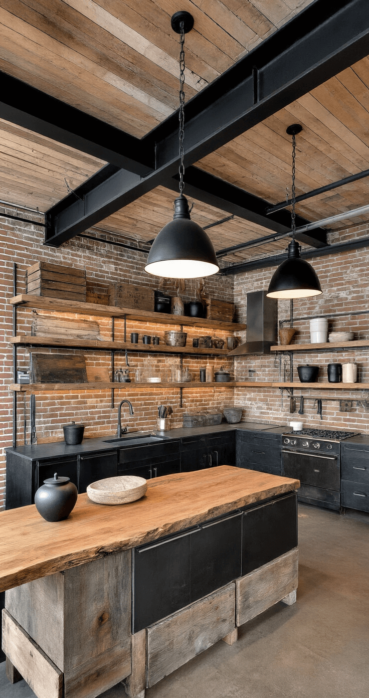 Industrial-chic loft kitchen featuring blackened steel framework, reclaimed wood shelving, and a massive black soapstone island with a live-edge wood slab, bathed in evening light and styled with vintage wooden crates and matte black pottery.