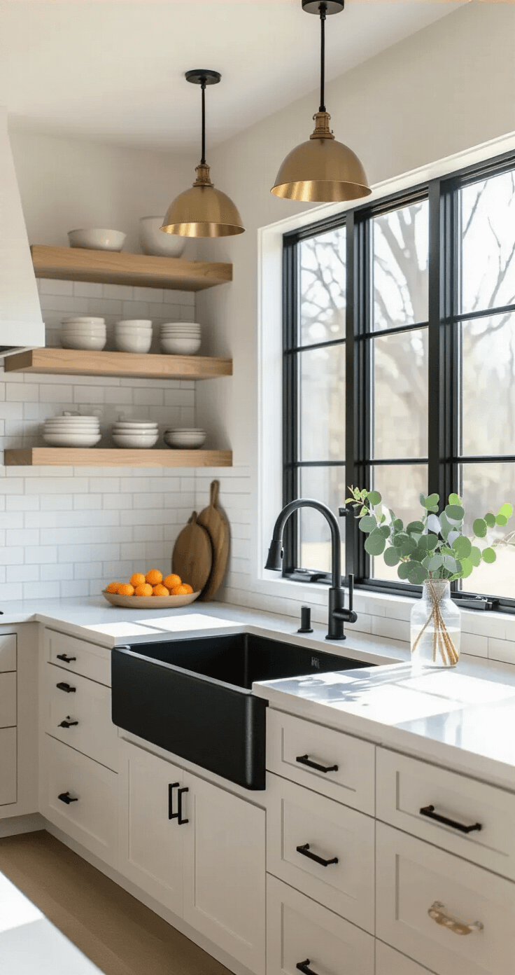 A modern minimalist kitchen featuring a spacious layout with a matte black farmhouse sink on white quartz countertops, bright white subway tile backsplash, and blonde oak floating shelves adorned with cream and charcoal ceramics. Brass pendant lights illuminate the space, complemented by strategic decor of a cutting board, eucalyptus in a vase, and citrus fruits, all captured in soft natural light.