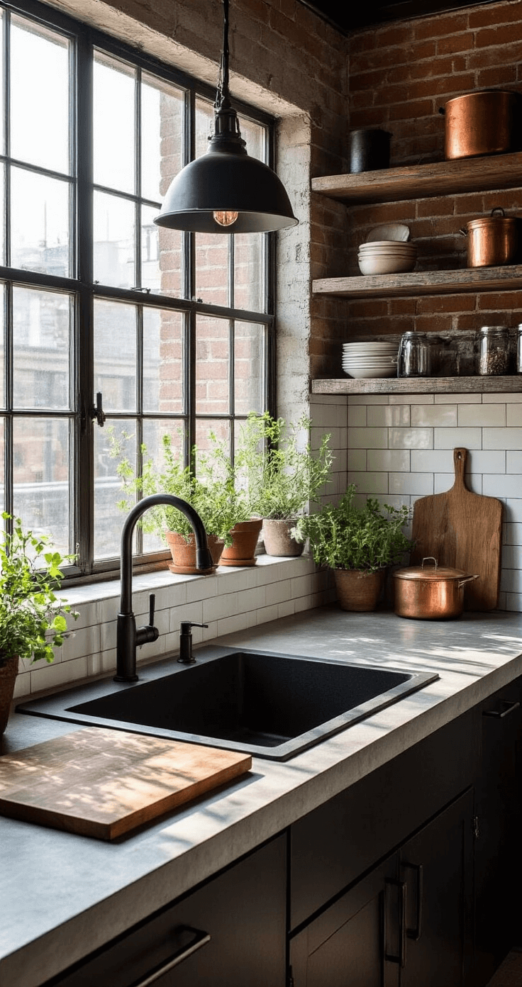 Industrial-style kitchen with black composite sink, polished concrete countertops, raw steel open shelving, exposed brick wall, and black metal pendant fixtures, illuminated by late afternoon sun, featuring vintage copper cookware and potted herbs for warmth and organic touch.