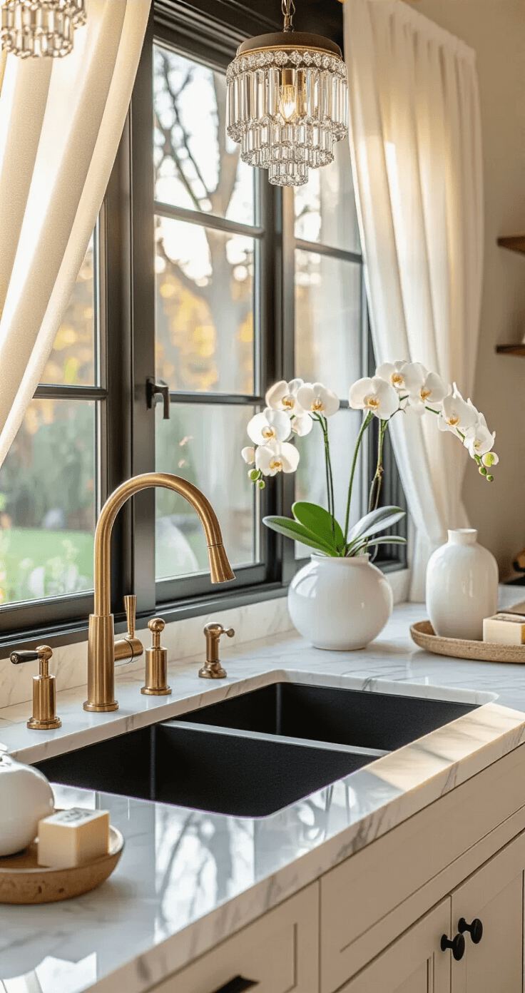 A contemporary luxe kitchen featuring a black granite sink against marbled white countertops, illuminated by golden hour light through sheer curtains. The island showcases mixed metallic fixtures, with brushed gold and matte black hardware, styled with white ceramic vases and fresh orchids, under sparkling crystal pendant lights.