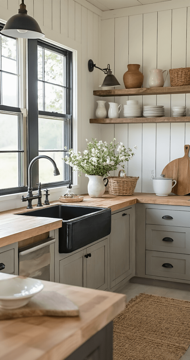A modern country kitchen with black fireclay sink, butcher block island, warm white shiplap walls, black steel windows, and vintage pottery on open shelves, illuminated by early morning light and warm LED panels.