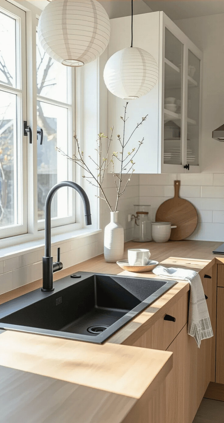 Minimal Scandinavian kitchen featuring light oak countertops and white oak cabinets with black hardware, illuminated by midday sun; sleek black sink, minimal decor, and soft pendant lighting create a clean aesthetic.