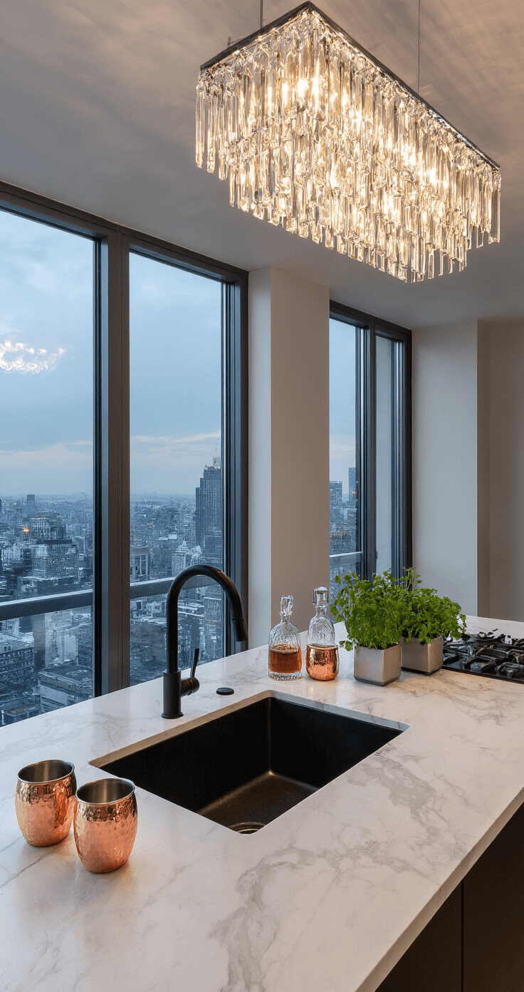 A modern penthouse kitchen at dusk featuring a black composite sink and white marble waterfall island, with city views through floor-to-ceiling windows, crystal decanters, copper mugs, fresh herbs, and a sparkling chandelier, all captured in a moody atmosphere.