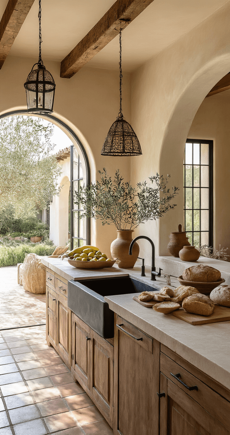 A bright and inviting indoor-outdoor kitchen featuring a matte black granite sink, limestone countertops, and terracotta floor tiles, with an arched doorway leading to a patio. Decorated with handmade pottery, olive branches, vintage bread boards, and fresh produce, all illuminated by wrought iron pendant lights that create a playful pattern.