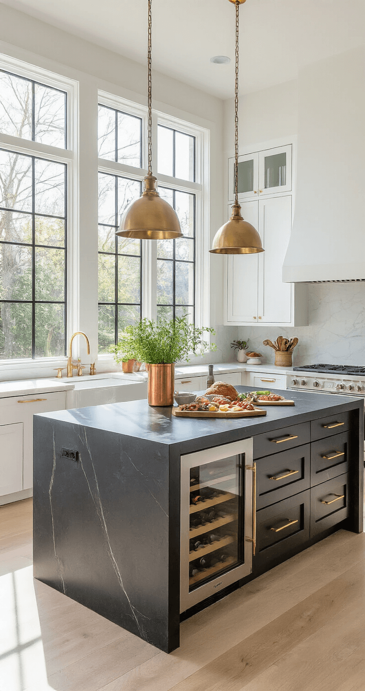 A modern chef's kitchen illuminated by morning light, featuring a matte black quartz-topped island, white shaker cabinets, brass hardware, and professional-grade stainless appliances, styled with artisanal ceramics, fresh herbs, and a charcuterie board.
