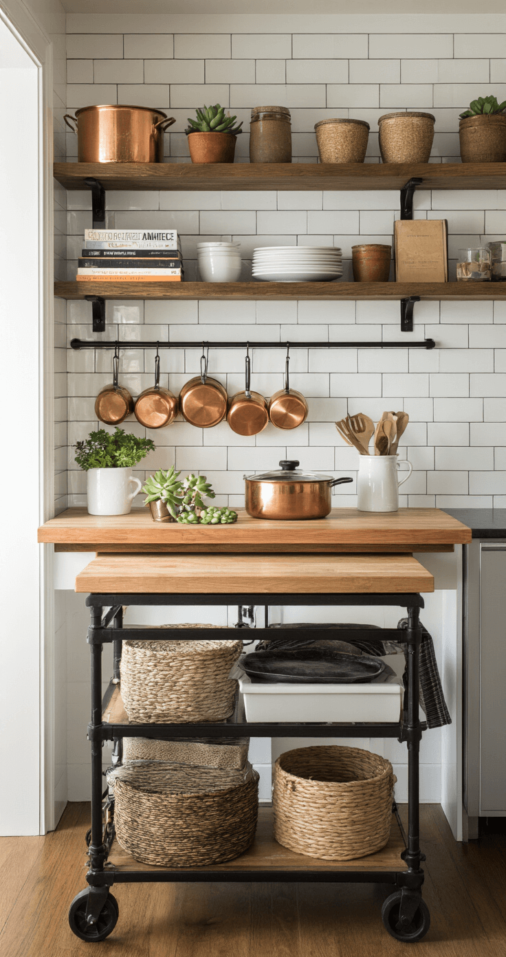 Intimate galley kitchen with black metal frame island, white subway tiles, and open shelving, styled with copper pots, vintage cookbooks, and succulents, captured during golden hour.