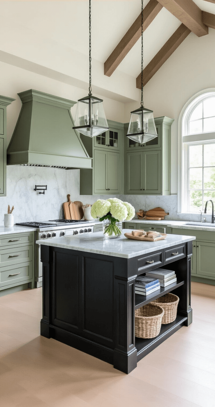 Transitional kitchen featuring a 48-inch black wood island with a Carrara marble top, sage green perimeter cabinets, and a cathedral ceiling with exposed beams, captured at midday with natural and recessed lighting, styled with white hydrangeas in a crystal vase, cookbooks, and cutting boards.