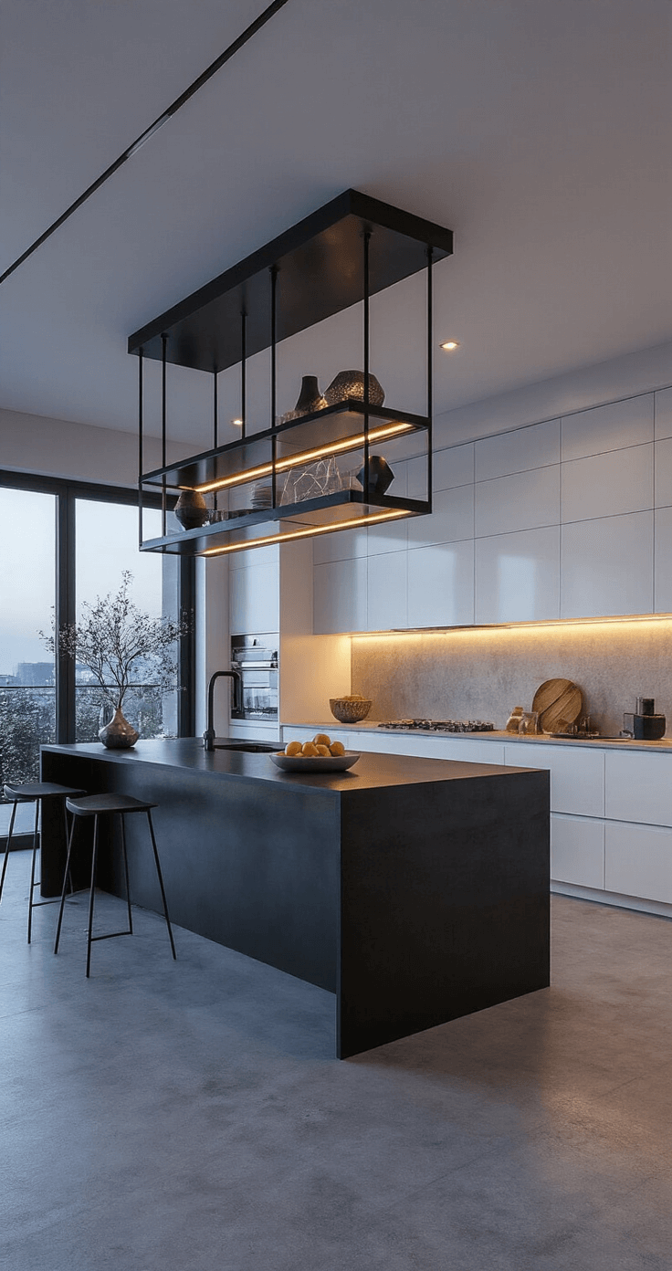A contemporary open-concept kitchen at dusk featuring a dramatic 60-inch black steel and glass island with waterfall edges, minimalist white cabinetry, and concrete floors. The space is illuminated by ambient LED lighting and twilight glow, styled with geometric vases and a modern fruit bowl against a cool-toned color palette with metallic accents.