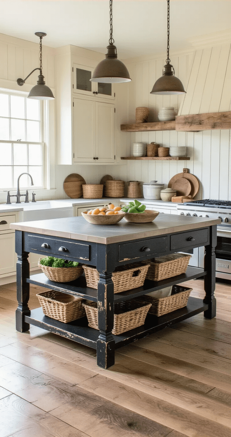 Farmhouse-style kitchen featuring a rustic black wood island with a zinc top, cream beadboard cabinets, and wide-plank floors, bathed in soft morning light. The image captures the full room depth, showcasing vintage-style sconces, antique crocks, woven baskets, and fresh market produce for a lived-in charm.