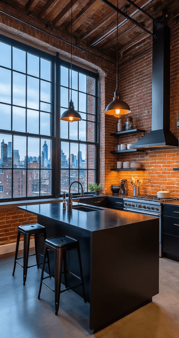 A high-angle shot of a sleek urban loft kitchen featuring a black steel island with a smoked glass top, exposed brick walls, large industrial windows, and mixed lighting from pendant fixtures and city glow, highlighting modern barware and minimal accessories against a geometric backdrop.