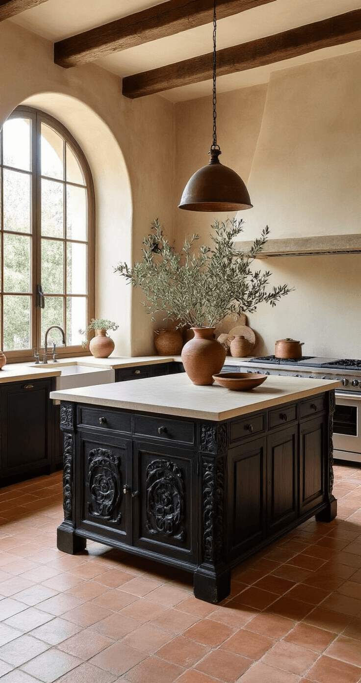 A Mediterranean-inspired kitchen featuring a 66-inch black carved wood island with a limestone top, set against terra cotta floors and plastered walls. The scene is illuminated by warm afternoon light filtering through arched windows, showcasing olive branches, handmade ceramics, and vintage copper vessels, while rich textures and patinated surfaces enhance the inviting ambiance.