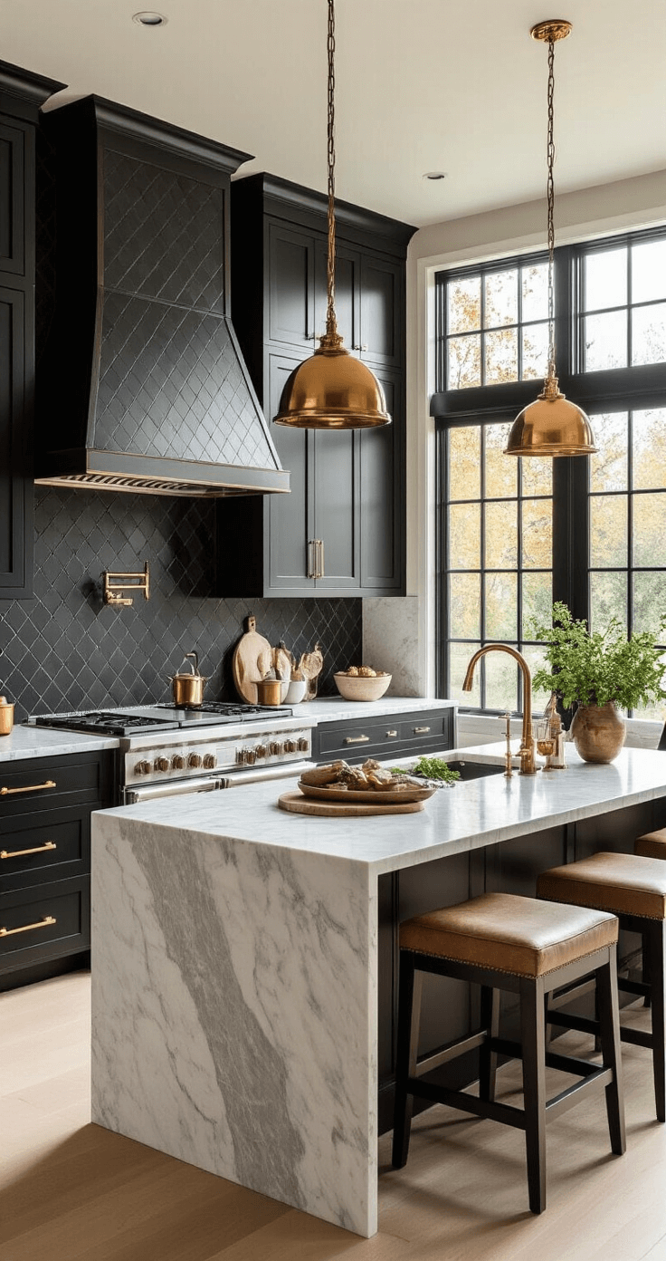 A luxurious 20x24ft residential kitchen featuring a matte black diamond-patterned backsplash, Carrara marble countertops, ebony-stained oak cabinetry with brass hardware, and a centerpiece island that seats four. The kitchen is illuminated by natural light from floor-to-ceiling windows during golden hour, enhanced with warm LED uplighting, showcasing professional-grade stainless appliances, copper cookware, fresh herbs, and artisanal ceramics in a charcoal, cream, brass, and warm woods color palette.