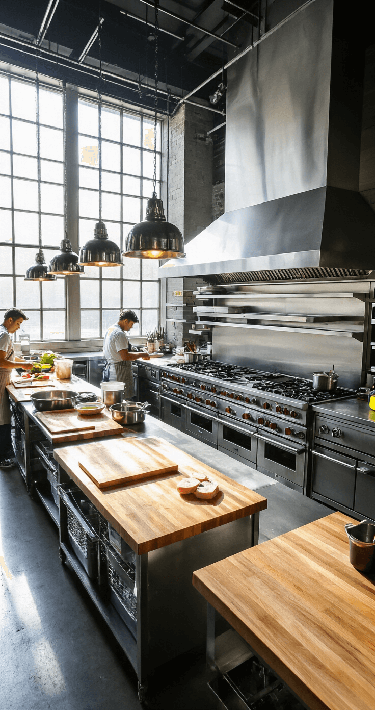 A bustling contemporary commercial kitchen during prep time, featuring stainless steel surfaces, a Black Diamond professional range, and prep stations with maple butcher blocks, illuminated by morning light streaming through industrial windows, with multiple cooks in motion and organized mise en place adding color accents.