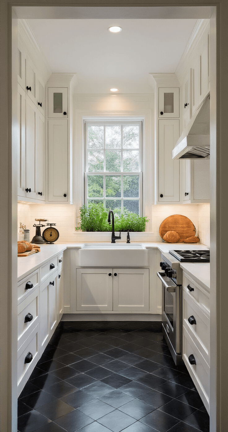 A cozy kitchen at dusk featuring black diamond-cut ceramic floor tiles and white shaker cabinets with matte black handles. The space is illuminated by under-cabinet lighting and has a bay window with a herb garden. Decor includes an artisan bread board and vintage scales, with a color palette of soft whites, deep blacks, and sage green accents.