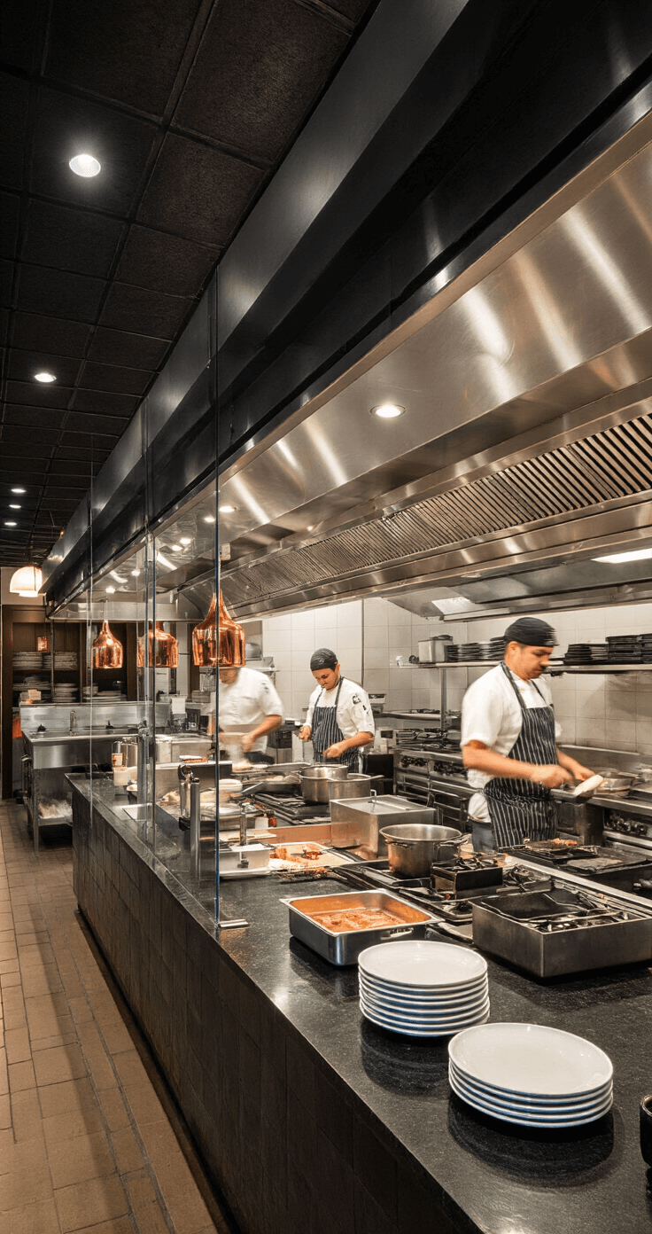 A bustling restaurant exhibition kitchen during dinner service, featuring black diamond-patterned steel ceiling panels and gleaming commercial hood systems. The space is separated from the dining room by a glass partition, with chefs engaging at multiple cooking stations. Dramatic spot lighting casts highlights on the brushed steel and black granite surfaces, while the rich cooking aromas are suggested by rising steam in the energetic atmosphere.