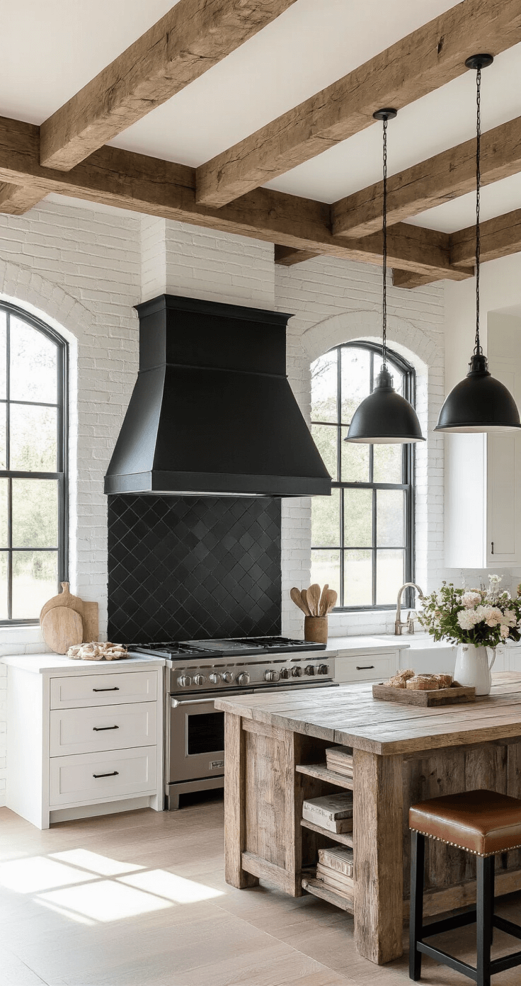A modern farmhouse kitchen at sunrise, featuring exposed beams and a black diamond accent wall contrasting with whitewashed brick. A matte black commercial-grade range and reclaimed wood island with leather barstools are highlighted by morning rays, while vintage cookbooks and fresh flowers add styling. The color palette includes weathered whites, soft blacks, natural woods, and aged brass.