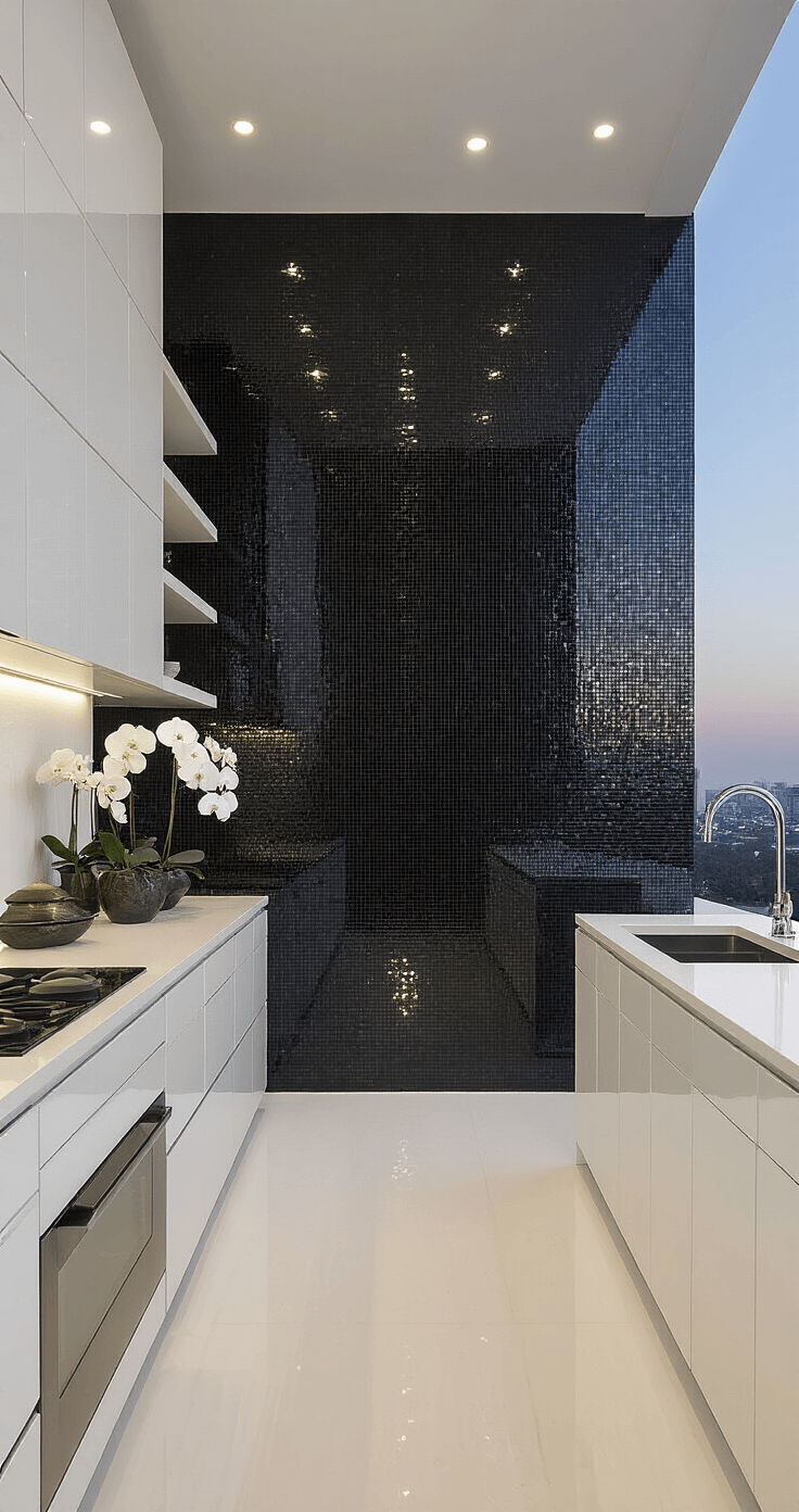 A high-end residential kitchen at twilight, featuring a black diamond glass mosaic wall, glossy white lacquer cabinets, floating shelves with curated items, and a sophisticated ambiance created by automated lighting, styled with designer tableware and orchids.