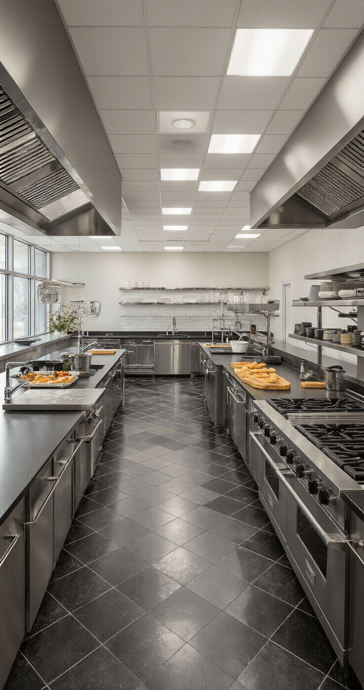 A spacious professional teaching kitchen bathed in morning light, featuring a stadium-style demonstration area with an amphitheater seating arrangement facing a central island. The black diamond-pattern stone floor anchors the room, while multiple cooking stations equipped with overhead mirrors are visible. The image captures an educational atmosphere with task lighting complementing natural light, showcasing materials like honed granite, brushed steel, and tempered glass, with culinary tools meticulously arranged throughout the space.