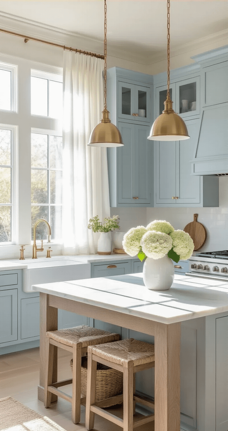 A modern coastal kitchen featuring powder blue shaker cabinets and white marble countertops, illuminated by early morning sunlight through sheer curtains. The central island has a weathered oak base, complemented by brass hardware and pendant lights. Styled with white ceramic vases, fresh hydrangeas, and natural fiber baskets, the airy space captures a serene atmosphere. Shot from a corner angle to highlight depth and light reflection.