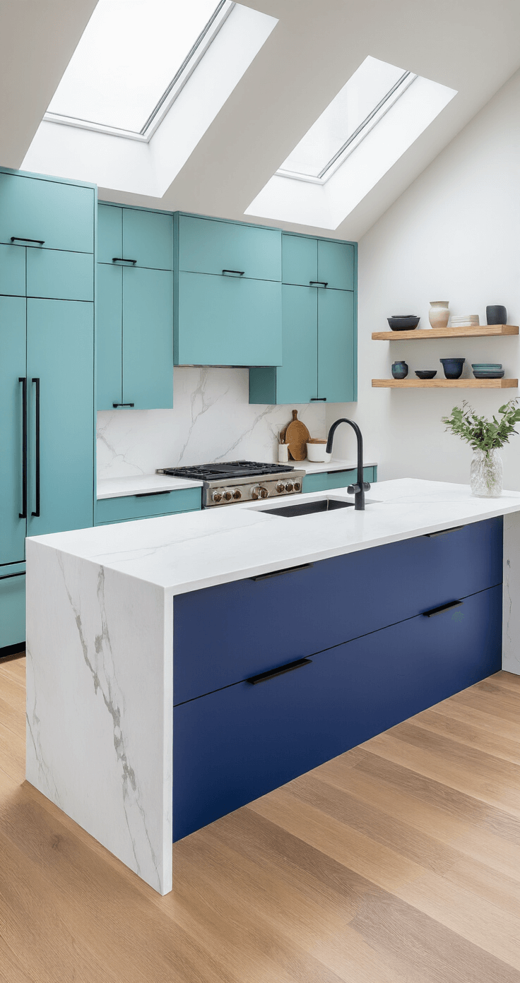 A contemporary two-tone kitchen featuring soft turquoise upper cabinets and deep cobalt lower cabinets, illuminated by midday skylight. A pure white waterfall quartz island serves as a dramatic centerpiece, with minimalist matte black hardware and floating shelves showcasing curated ceramics. The warm atmosphere is enhanced by engineered wide-plank oak flooring, captured in a high-angle shot that highlights the clean layout and architectural vibe with natural top lighting.