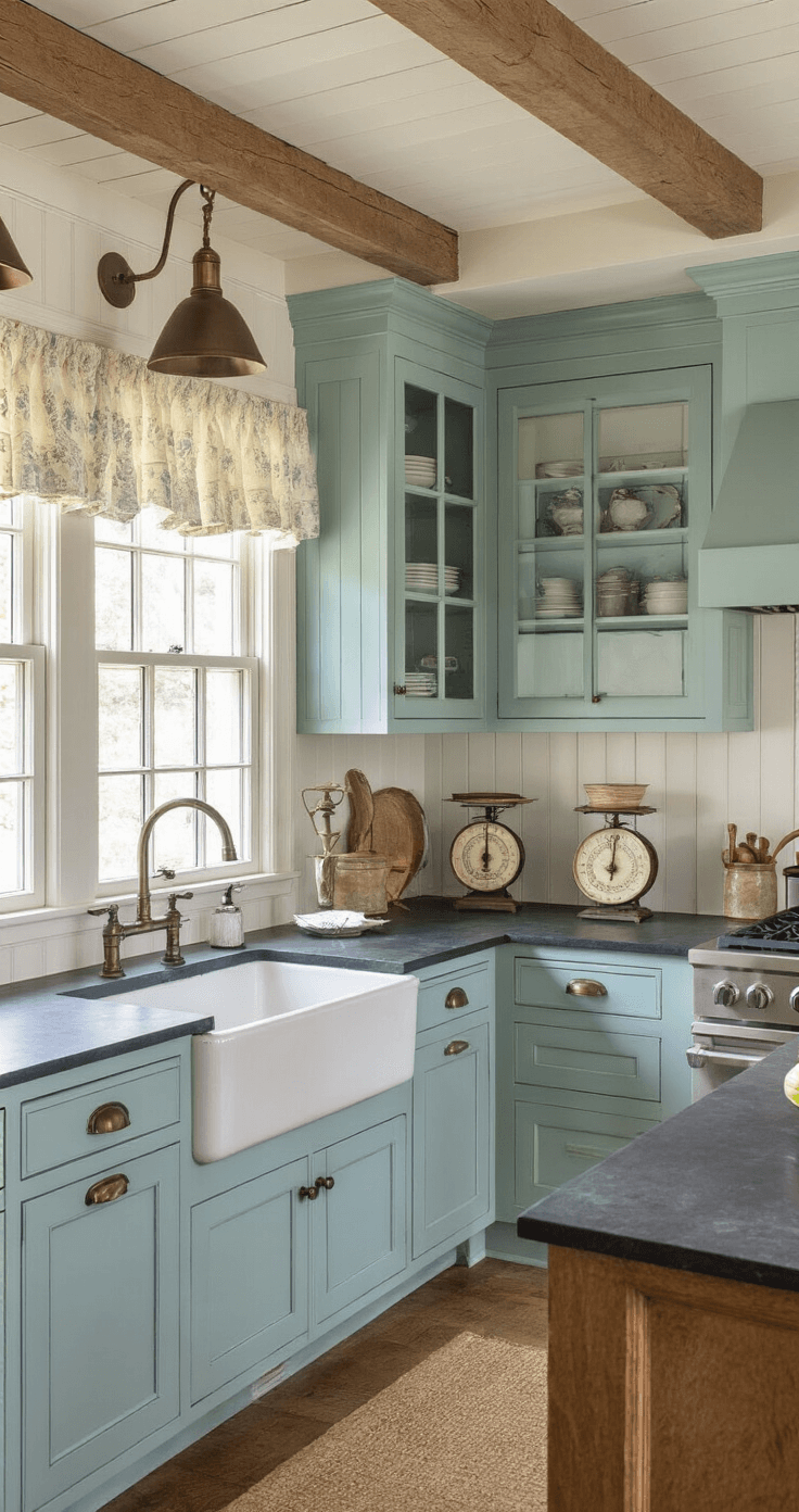 A cozy farmhouse kitchen featuring robin's egg blue cabinets with beadboard, soapstone counters, and a white farmhouse sink, illuminated by soft afternoon light through cafe curtains, adorned with antique brass accents and vintage decor for a warm, nostalgic ambiance.