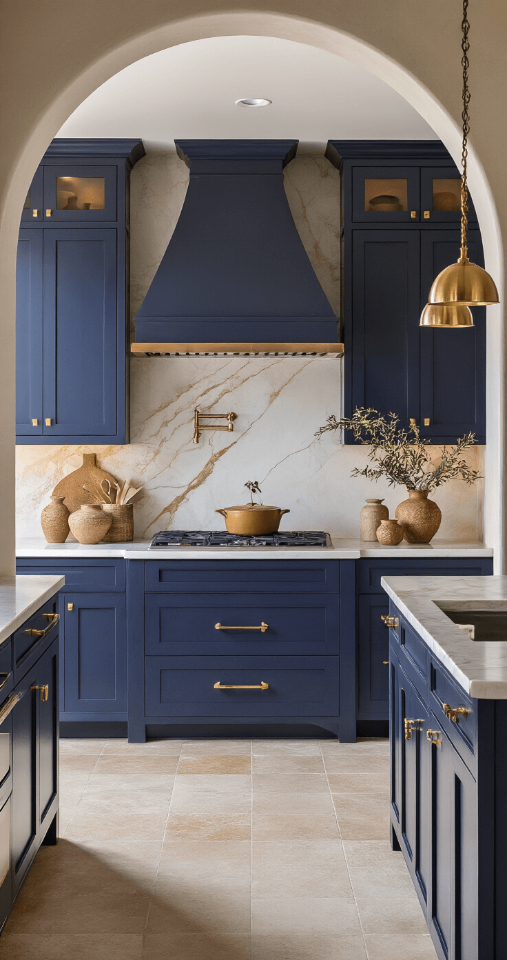A modern Mediterranean kitchen featuring indigo cabinets, Calacatta gold marble countertops, and brushed gold hardware, illuminated by dusk lighting that casts dramatic shadows, with olive branches and pottery decor, and an arched doorway leading to an outdoor space.