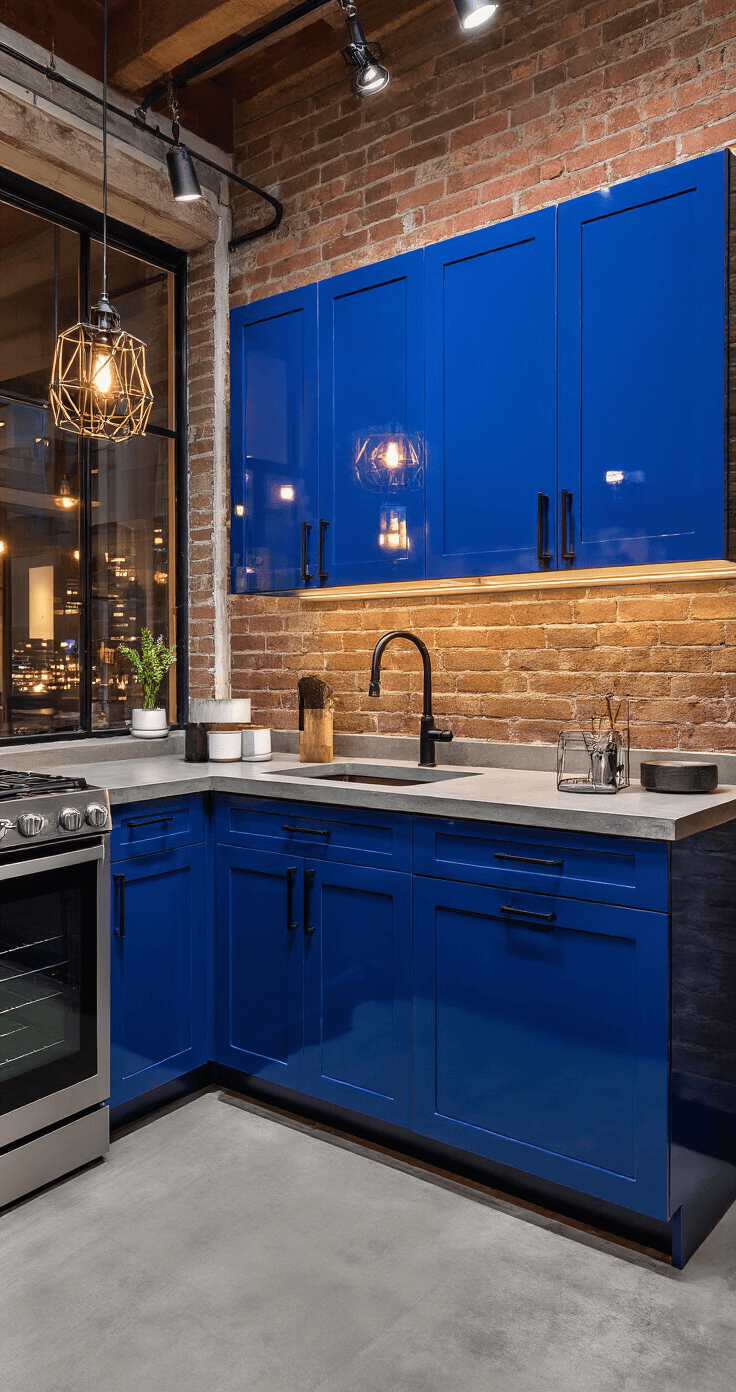 An urban loft kitchen featuring exposed brick walls and high-gloss royal blue cabinets, complemented by concrete countertops and stainless steel appliances, with black iron hardware and cage lighting. Styled with geometric accessories in a dynamic Dutch angle shot, capturing an evening city vibe with mixed lighting for a bold metropolitan atmosphere.