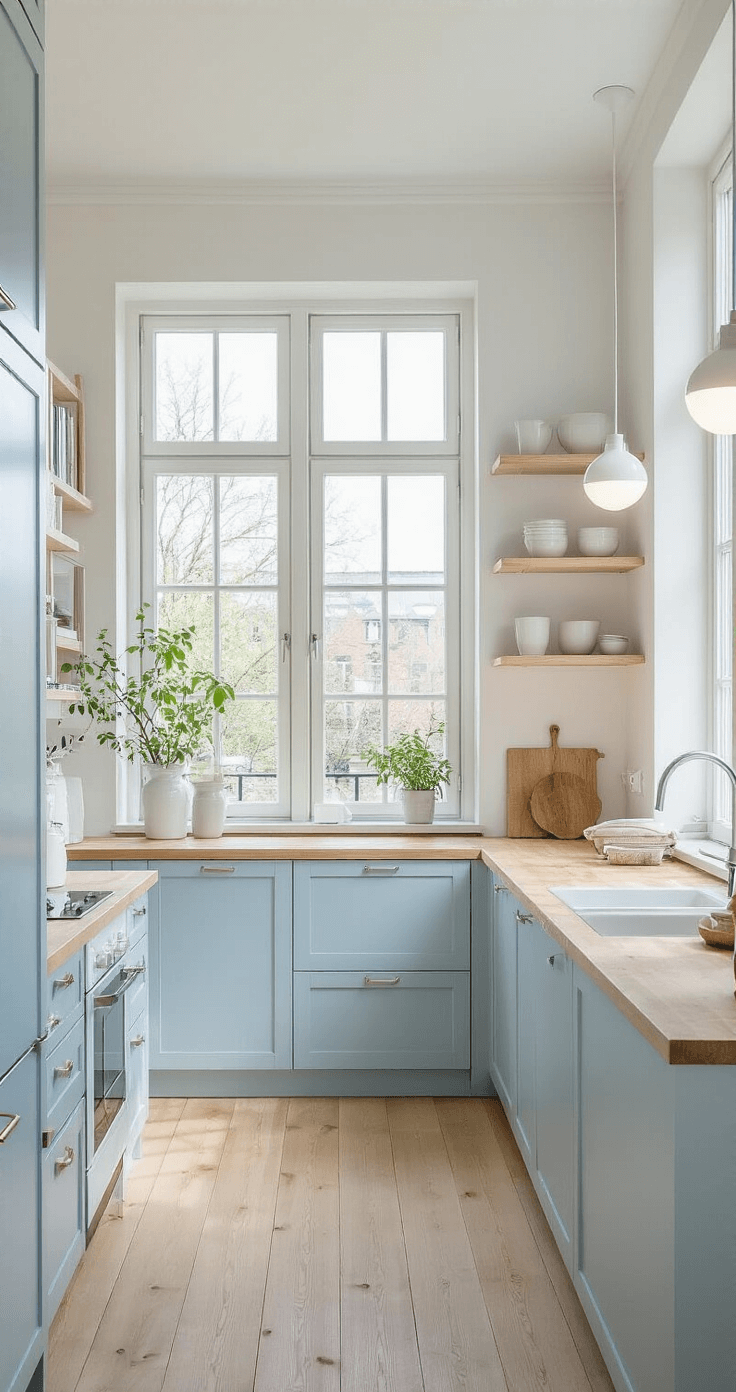 A spacious Scandinavian minimal kitchen with floor-to-ceiling windows, featuring pale ice-blue cabinets, white oak countertops, and open shelving, styled with natural elements and white ceramics, captured from above to highlight its serene atmosphere.