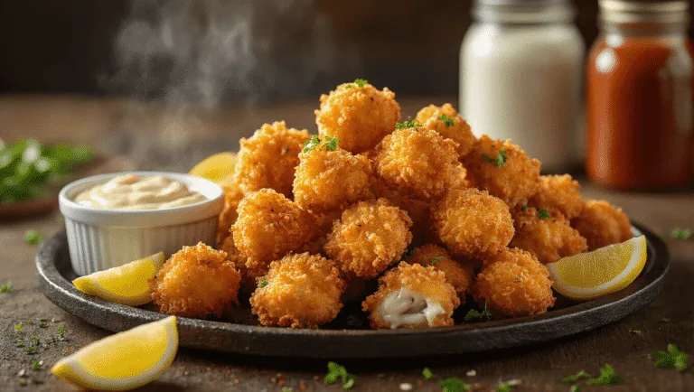 Photorealistic image of golden-brown crispy fried alligator bites on a rustic cast-iron platter, garnished with lemon wedges and micro-herbs, accompanied by a ramekin of creamy remoulade sauce, with a blurred background of mason jars and scattered spices.