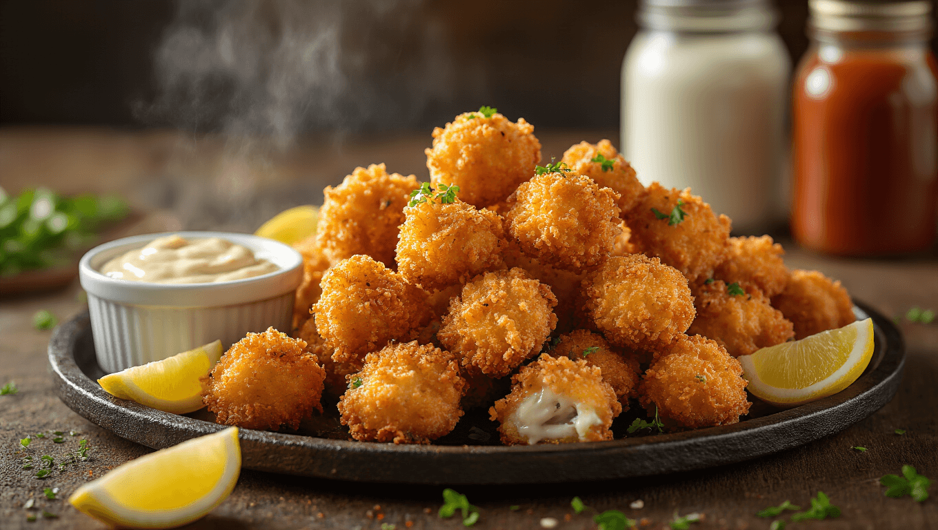 Photorealistic image of golden-brown crispy fried alligator bites on a rustic cast-iron platter, garnished with lemon wedges and micro-herbs, accompanied by a ramekin of creamy remoulade sauce, with a blurred background of mason jars and scattered spices.