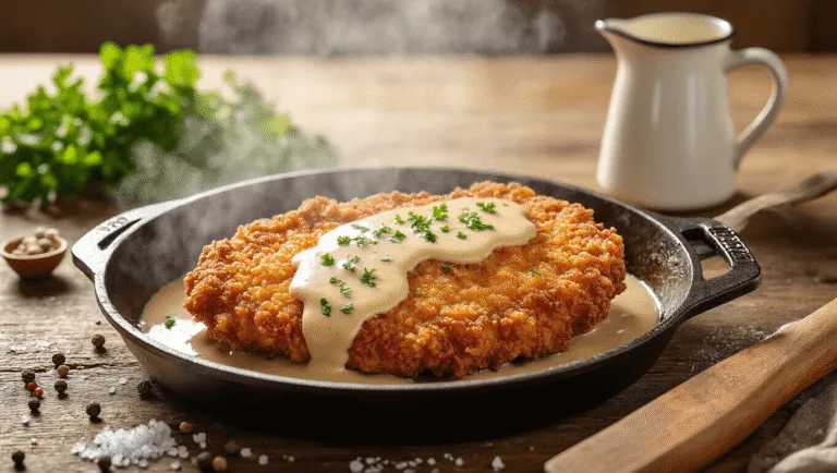 A golden-brown chicken fried venison steak topped with rich cream gravy in a cast iron skillet, garnished with black pepper and parsley, set on a rustic wooden table with scattered herbs and peppercorns, softly lit to highlight textures.