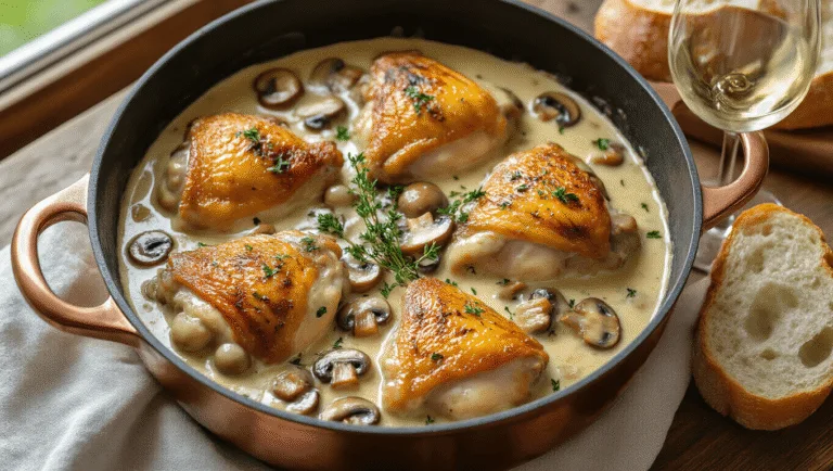 Photorealistic French chicken fricassee with mushrooms and cream sauce in a vintage copper Dutch oven, featuring tender bone-in chicken thighs, sautéed mushrooms, and pearl onions, garnished with thyme and parsley, set on a rustic wooden table with crusty bread and a wine glass in the background, bathed in natural window light.