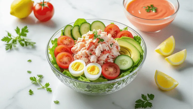 Photorealistic Crab Louie Salad on a marble countertop, featuring lump crab meat, lettuce, quartered eggs, fanned avocado, tomato wedges, and cucumber rounds, with coral-pink dressing, fresh herbs, and lemon wedges, illuminated by dramatic side lighting.