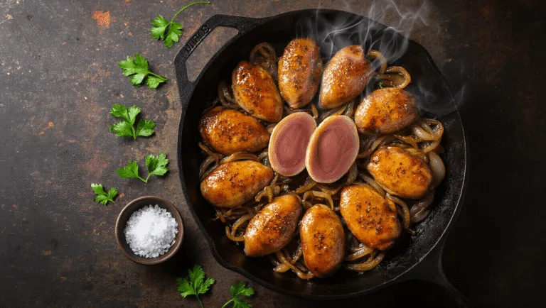 A close-up, overhead shot of a cast-iron skillet filled with crispy golden-brown chicken livers and caramelized onions, showcasing a creamy pink center, with visible seasoning, steam rising, and a rustic wooden background.