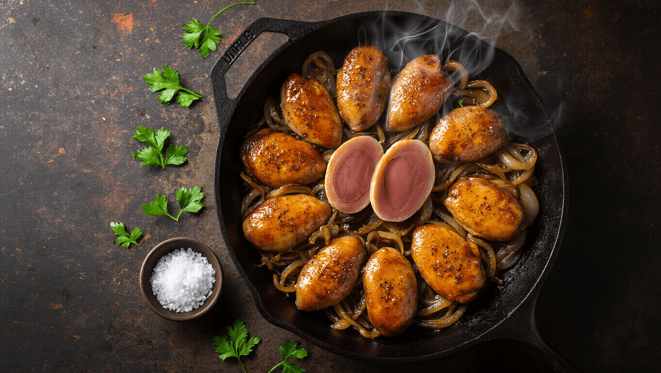 A close-up, overhead shot of a cast-iron skillet filled with crispy golden-brown chicken livers and caramelized onions, showcasing a creamy pink center, with visible seasoning, steam rising, and a rustic wooden background.