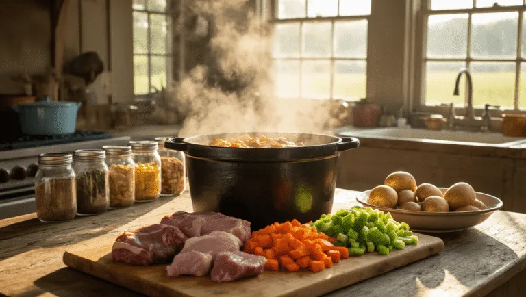 A sunlit rustic farmhouse kitchen featuring a large cast-iron stockpot of steaming Kentucky Burgoo, a weathered wooden table with diced pork, beef, chicken, and vibrant vegetables, all illuminated by natural light, emphasizing warm colors and rich textures in a cinematic setting.