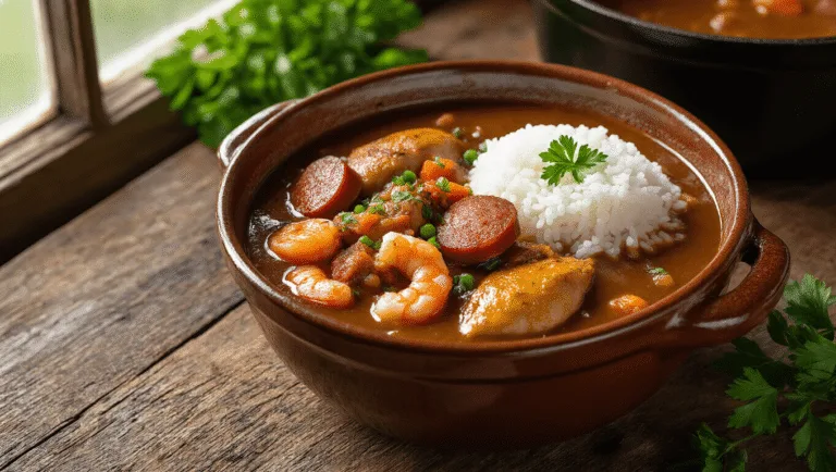 Cinematic overhead shot of a steaming bowl of dark gumbo with andouille sausage, chicken, and shrimp, garnished with parsley, on a rustic wooden table with vintage Louisiana decor.