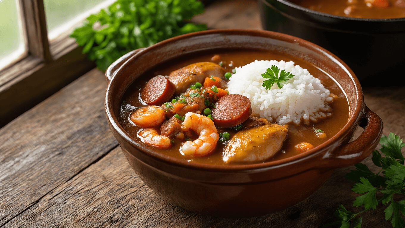 Cinematic overhead shot of a steaming bowl of dark gumbo with andouille sausage, chicken, and shrimp, garnished with parsley, on a rustic wooden table with vintage Louisiana decor.