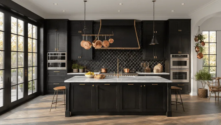 Photorealistic luxury kitchen at golden hour with black diamond-patterned backsplash, Carrara marble countertops, ebony-stained cabinetry, and brass hardware, featuring floor-to-ceiling windows, a central island, professional appliances, and decorative copper cookware.
