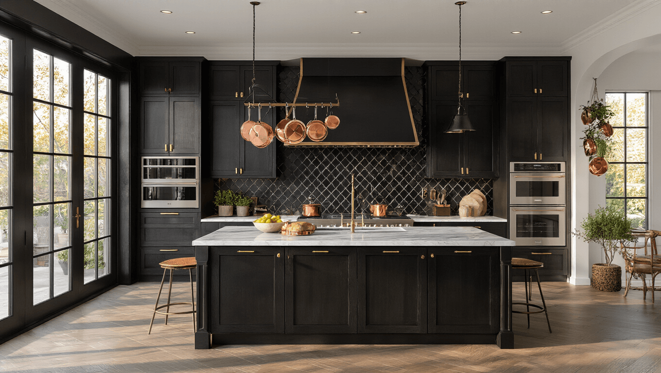 Photorealistic luxury kitchen at golden hour with black diamond-patterned backsplash, Carrara marble countertops, ebony-stained cabinetry, and brass hardware, featuring floor-to-ceiling windows, a central island, professional appliances, and decorative copper cookware.