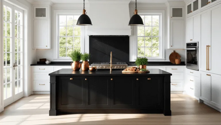 Photorealistic image of a modern luxury kitchen featuring a matte black quartz-topped island, white shaker cabinets, brass hardware, and stainless steel appliances, illuminated by natural light through large windows, with a styled charcuterie board and pendant lights above.