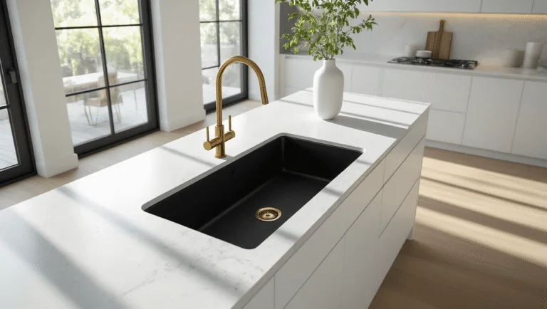 Photorealistic modern kitchen featuring a matte black granite composite sink with brass faucet, ultra-white quartz countertops, Scandinavian cabinets, and natural light illuminating the space.