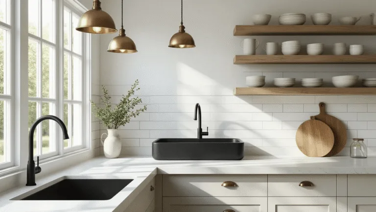 Photorealistic kitchen interior featuring a matte black farmhouse sink, white quartz countertops, and a subway tile backsplash, illuminated by natural light through floor-to-ceiling windows, styled with artisanal ceramics and fresh eucalyptus, captured during golden hour.