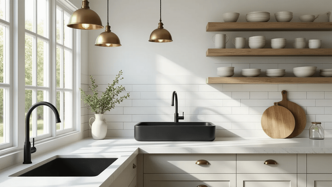 Photorealistic kitchen interior featuring a matte black farmhouse sink, white quartz countertops, and a subway tile backsplash, illuminated by natural light through floor-to-ceiling windows, styled with artisanal ceramics and fresh eucalyptus, captured during golden hour.