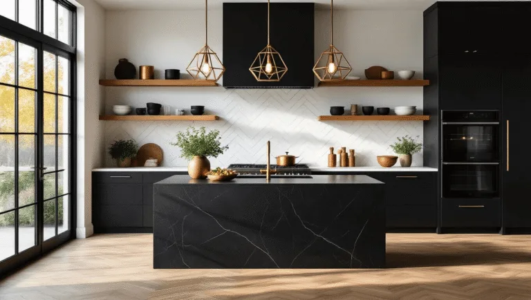A modern kitchen interior featuring black lower cabinets, honey oak upper cabinets, and a black quartz waterfall island, illuminated by brass pendant lights, with professional black appliances and a white marble backsplash, captured in golden hour light.