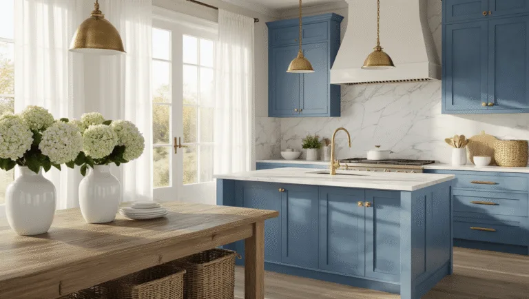 High-end coastal kitchen with powder blue shaker cabinets, white marble countertops, and weathered oak island, featuring natural light, fresh hydrangeas, and a cinematic perspective.
