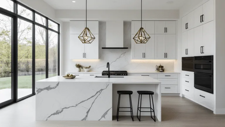 Ultra-detailed modern monochrome kitchen featuring white shaker cabinets with matte black bar pulls, a waterfall quartz island, black stainless appliances, and geometric pendant lights, all bathed in soft natural light from floor-to-ceiling windows, emphasizing clean lines and sophisticated design.