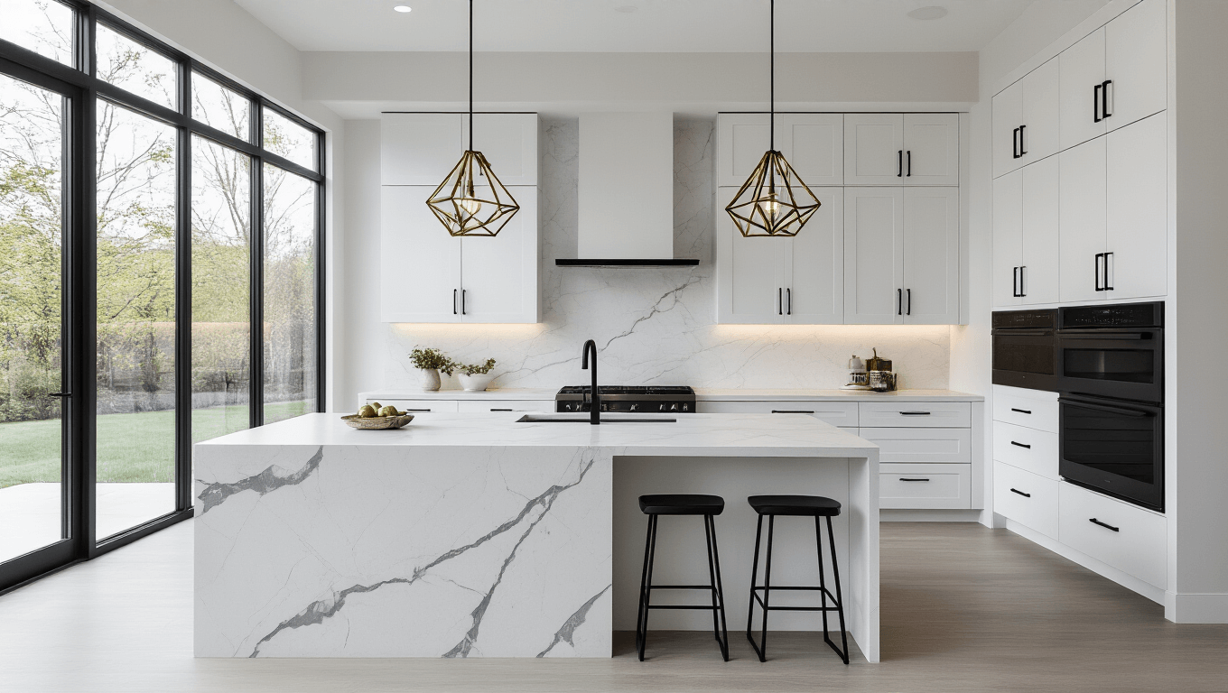 Ultra-detailed modern monochrome kitchen featuring white shaker cabinets with matte black bar pulls, a waterfall quartz island, black stainless appliances, and geometric pendant lights, all bathed in soft natural light from floor-to-ceiling windows, emphasizing clean lines and sophisticated design.