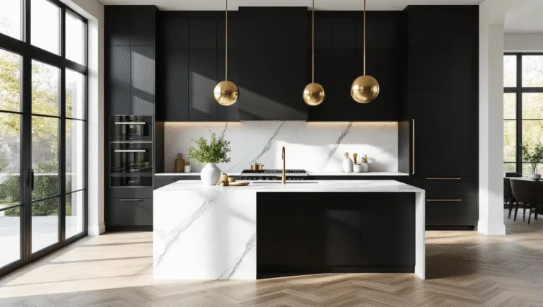Hyperrealistic interior photograph of a luxury modern kitchen featuring matte black cabinets, a white quartz waterfall island, and a herringbone marble backsplash, illuminated by natural morning light through large windows, with stylish decor and high-end appliances.